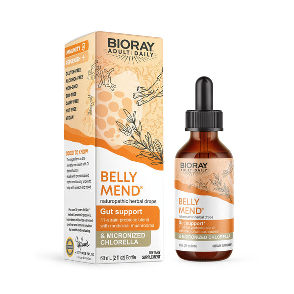 BIORAY® BELLY MEND® 2oz bottle and box